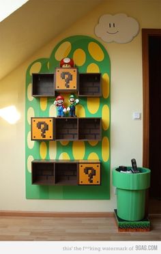 a nintendo themed room with shelves and mario bros figurines