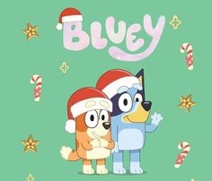 two cartoon dogs are standing next to each other in front of christmas decorations and the word bluey