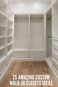 an empty walk - in closet with white shelving and wood flooring is shown