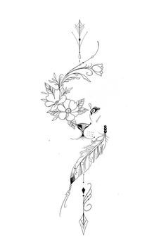 a black and white drawing of a bird with flowers on it's back side