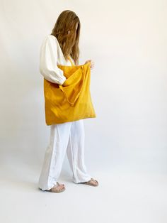 Linen tote bag with comfortable handles. * Size of bag- 19*22 inches ( 55*48 cm) * Size of handles - 13 inches (34 cm) * Made from natural European linen * OEKO-TEX certified fabric (no harmful chemicals used in production) * Weight 180 GSM (g/m2) * Large shoulder bag for shopping, beach, yoga, market, grocery. TAKING CARE: * machine wash gentle (40 C/ 104 F) * dry gentle. * do not bleach. Actual colors may vary from those shown due to the nature of photographing and monitor color settings. If y Linen Canvas Tote Bag For Shopping, Linen Tote Bag For Shopping, Linen Tote Canvas Bag For Shopping, Yellow Reusable Everyday Bag, Everyday Reusable Yellow Bags, Personalised Placemats, Custom Table Cloth, Cotton Curtains, Large Shoulder Bags