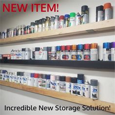 there are many cans and cans on the shelves in this store that says incredible new storage solution