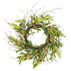 a green wreath with pine cones and leaves