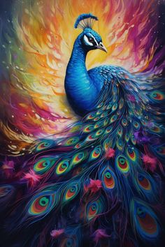 a painting of a peacock with colorful feathers