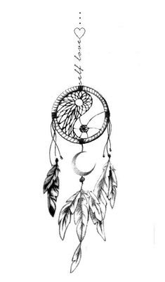 a black and white drawing of a dream catcher with feathers hanging from it's side