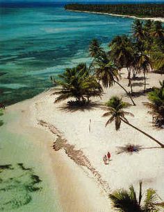 an island with palm trees and people walking on the sand in front of it, surrounded by blue water