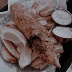 fish and fries with dips on the side