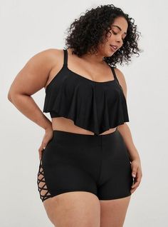 Matching Style(s): Search 12075178 FIT High rise. . 3. 5” inseam. . MATERIALS + CARE Nylon-spandex blend knit fabric. . 82% nylon, 18% spandex. Machine wash cold. Line dry. . DETAILS Strappy side detail. The best plus size women's high rise strappy side 3. 5 inch swim short shorts in deep black made of nylonspan. Rock your look from Torrid to Festivals like Coachella and Lollapalooza, a concert, a show, or just for fun! Torrid is your destination for the freshest spring and summer styles. You'll Swimsuits Plus Size, Swim Leggings, Swimsuit Ideas, High Waisted Swim, Swim Short, Swim Skirt, Caribbean Cruise, Swimsuit Set, Torrid Dresses