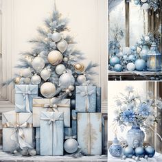 a christmas tree is surrounded by presents and other decorations in blue, white and silver