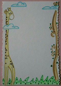 a drawing of a giraffe standing in the grass with clouds and vines around it