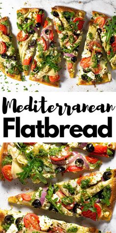 this mediterranean flatbread is loaded with fresh vegetables, olives, and feta cheese