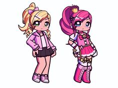 two cartoon girls standing next to each other with pink hair and long blonde hair, one wearing