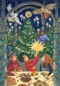 two people sitting at a table in front of a christmas tree with an angel above it