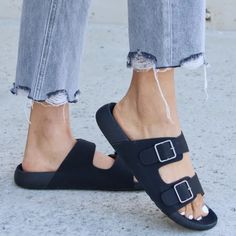 Tags: Boho, Trendsetter, Chic, Comfy, Summer, Fall, Winter, Vacation, Essentials, Girly, Edgy, Heat, Pool, Stylish, Classic, Trendy, Firty, Festival, Picnic, Winter, Casual Streetwear, Cute, Date Night, Statement, Lounge, Open Toe, Sandals, Slippers, Flip Flops, Double Buckle, Manmade Heel Height 1 In Black Summer Sandals For Day Out, Black Sandals For Beach Season Day Out, Black Sandals For Day Out At The Beach, Lightweight Black Sandals For Beach Season, Lightweight Black Summer Sandals, Picnic Winter, Streetwear Cute, Cute Date Night, Cute Date