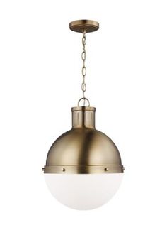 an antique brass pendant light fixture with a white glass ball hanging from the bottom and chain