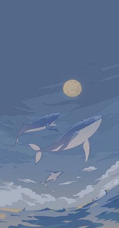 two dolphins swimming in the ocean under a full moon