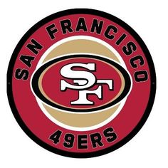 the san francisco 49ers logo is shown in red and gold, with an oval shape