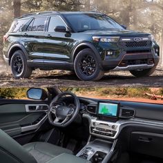 the front and side view of a green ford explorer suv parked in a wooded area