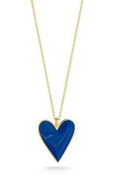 A blue heart pendant adds attention grabbing detail to this 14K gold plated, sterling silver necklace. 16" length with 2" extension 1" pendant length 14K gold plated sterling silver/enamel Imported Blue 14k Gold Cable Chain Jewelry, Blue Pendant Necklace With Cable Chain, Personalized Blue Heart Pendant Jewelry, Personalized Blue Heart Jewelry, Personalized Blue Heart Shaped Jewelry, Personalized Blue Heart-shaped Jewelry, Personalized Blue Heart Necklace, Blue Necklace With Heart Charm And Round Pendant, Blue Sterling Silver Cable Chain Jewelry