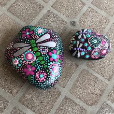 two painted rocks sitting on the ground next to each other with flowers and dragonflies