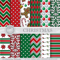 christmas digital paper pack with red, green and white patterns