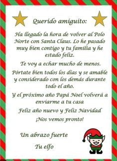 a christmas card with an elf's hat and stars on the bottom, in spanish