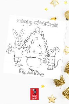 a christmas card with an image of a bunny and pig in the bathtub surrounded by gold stars