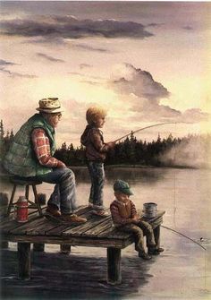 a painting of two boys fishing on a dock with an older man and young boy