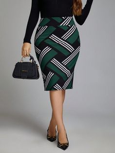 Plus Size Women High Waist Striped Pencil Skirt, Elegant Olive Green Elegant   Knitted Fabric Colorblock,Geometric,Striped Pencil Medium Stretch  Women Plus Clothing, size features are:Bust: ,Length: ,Sleeve Length: Stand Collar Top, Striped Skirt Pencil, Split Skirt, Sweater Vest Women, Leather Pencil Skirt, Pencil Skirts, Plus Size Skirts, Inspiration Mode, Kids Beachwear