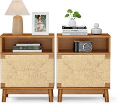 two wooden shelves with books and pictures on them next to a lamp, bookcase