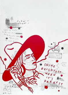 a drawing of a woman wearing a red hat and holding a cell phone to her ear