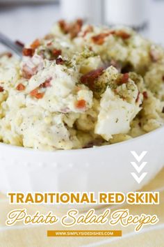 traditional red skin potato salad recipe in a white bowl