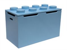 a blue plastic storage box with six lego blocks on the front and four smaller ones in the back