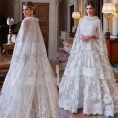 two models in wedding gowns and veils, one wearing a long sleeved dress