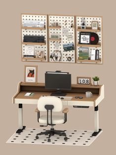 an office desk with a computer on it and lots of pictures hanging on the wall