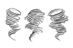 three spirals drawn in black and white on a white background, each with different shapes