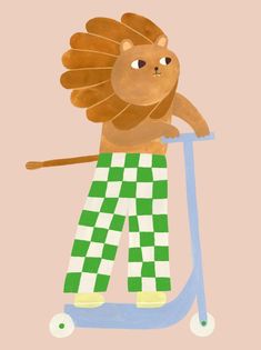 a drawing of a lion on a scooter with green and white checkered pants