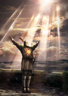 a man in armor with his arms outstretched, standing on a stone wall and looking at the sky