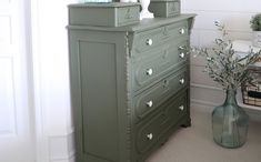 A deep, muted olive green, vintage in nature. A green that is timely and classic and will find a home in nearly any decor. Zero VOC Minimal prep work Great flow with minimal brush strokes Self-Leveling Exceptional coverage Gorgeous matte finish No Top Coat required Non-Toxic Lead-Free Virtually Odorless Matte Finish Waterproof Fusion Mineral Paint is For busy DIYers, Fusion is the professional's choice for extraordinary color, coverage, and durability. With minimal prep, one-step application, su Paisley Fusion Mineral Paint, Fusion Mineral Paint Colors, Fusion Paint, Furniture Wax, Diy Workshop, Paint Types, Iron Orchid Designs, Painted Dresser, Fusion Mineral Paint