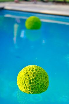 two green balls floating on top of a blue pool