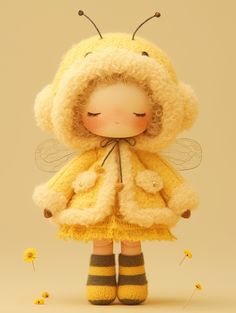 a little doll is dressed in yellow and has a bee on it's head