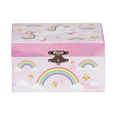 a pink box with rainbows and stars on it