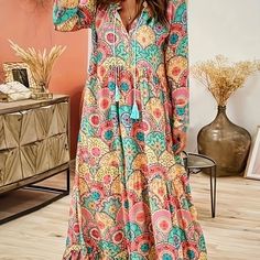 Mandala Floral Print Dress, Boho Drawstring Long Sleeve Maxi Dress, Women's Clothing Bohemian Spring Maxi Dress With Drawstring, Spring Bohemian Maxi Dress With Drawstring, Bohemian Maxi Dress With Drawstring For Spring, Bohemian Drawstring Maxi Dress For Summer, Bohemian Dress With Drawstring, Multicolor Long Sleeve Boho Dress For Vacation, Long Sleeve Multicolor Boho Dress For Vacation, Multicolor Summer Dress With Drawstring, Summer Multicolor Dress With Drawstring