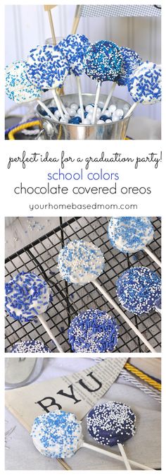 blue and white cookies on a cooling rack with the words chocolate covered oreos above them