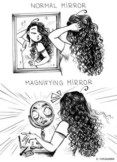 a woman looking at her reflection in a mirror and the caption says, normal mirror magnifying mirror