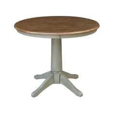 a round wooden table with two white pedestals and an unfinished wood top, against a white background