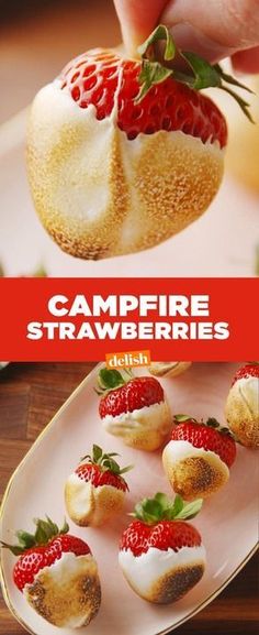 there is a plate with strawberries on it and the words campfire strawberries