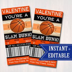 two valentine's day coupons with basketballs on them