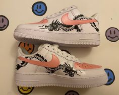 All White Air Force 1. Custom painted with high quality leather paint and sealed with an acrylic finisher.  Choose one color from the list to customize these shoes to match your style.  Primary Color (main shoe color, pink in image) Dragon is located on the inner panel of both shoes. The dragon is painted black. You may contact me if a different color is desired for the dragon, available colors are the same as the ones listed in the primary color list.  You may message me before ordering to chec Pink High-top Custom Sneakers With Waterproof Paint, Casual Pink Custom Sneakers With Waterproof Paint, Casual Custom Pink Sneakers With Waterproof Paint, Custom Pink Leather Sneakers, Pink Leather Custom Sneakers, Customizable Pink Sneakers For Streetwear, Hand Painted Pink Sneakers For Spring, Pink Hand Painted Casual Custom Sneakers, Casual Hand Painted Pink Custom Sneakers