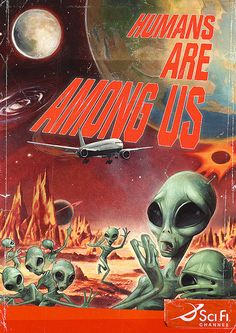 the cover to humans are among us, with an alien and spaceship in the background